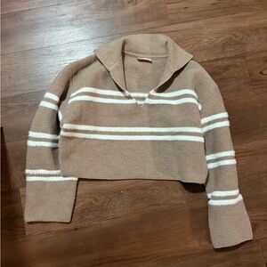 Butter Melon cropped Striped Tan Cropped Sweater
